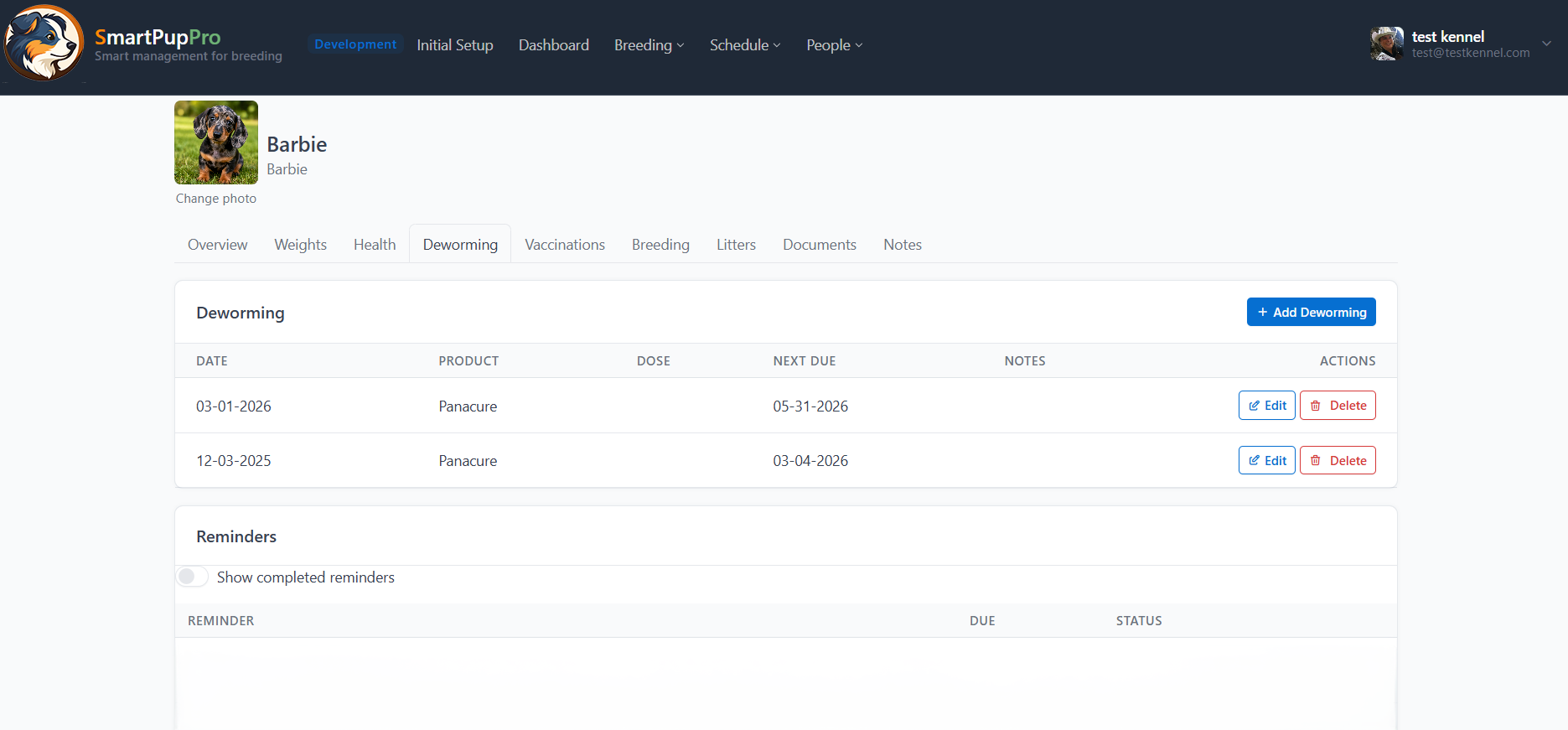 SmartPupPro breeder puppy health tracking screenshot